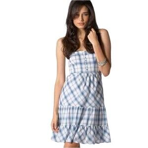 2009 American Eagle Outfitters Cotton Plaid Tiered Dress Blue Straps Size 0
